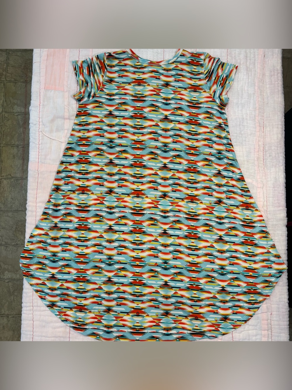 EUC LuLaRoe Girls Scarlett Dress, Sz 12, Aztec Design - Teal, Orange, Yellow - Picture 7 of 13
